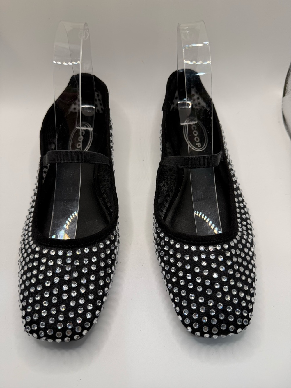 Crystal-Studded Black Ballet Flats with Elastic Strap